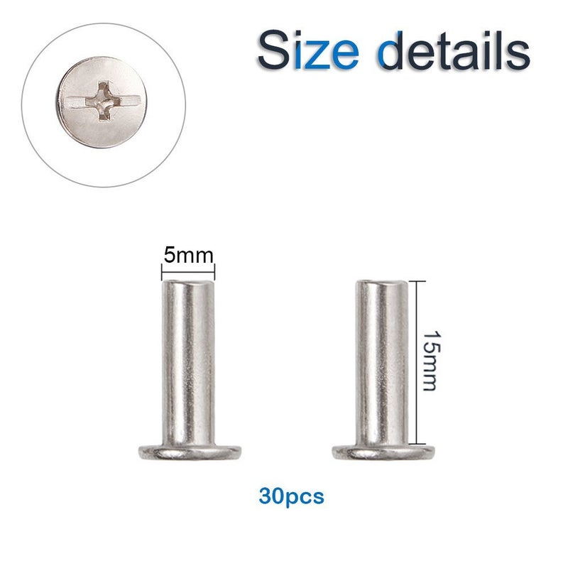 INCREWAY Phillips Screws, 30 Sets 5mm X 15mm Nickel Plated Chicago Binding Screws Round Cross Head Stud Screw Posts Nail Rivet Chicago Button, Silver Tone - Image 2
